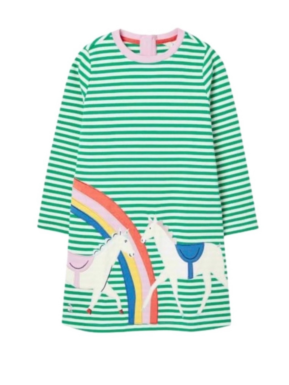 Joules Green & White Striped Dress with Rainbow & Unicorn Appliqué
